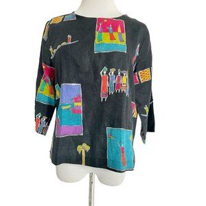 Hot Cotton Size Small  Top Blouse Abstract Art to Wear Boho Lagenlook